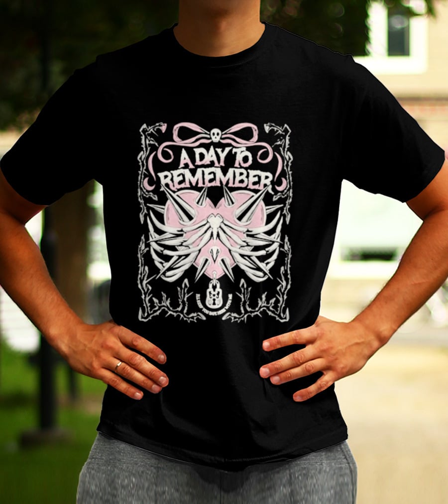 A Day To Remember Spiked Heart Pink Bow Skull Ribcage T-Shirt