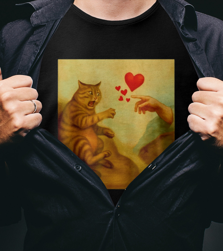 Cat Swatting God's Hand Surrounded By Hearts T-Shirt
