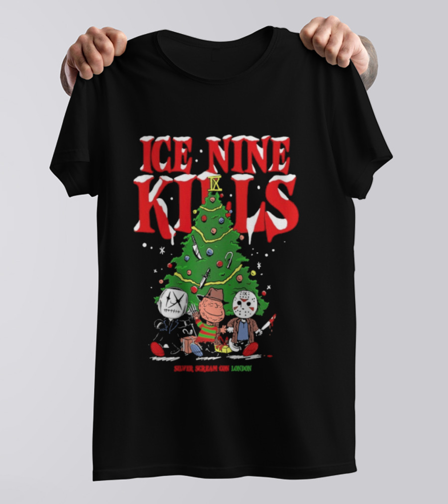 Ice Nine Kills Silver Scream Con Festive Horror Villains Christmas Tree T-Shirt