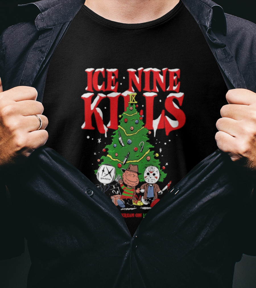 Ice Nine Kills Silver Scream Con Festive Horror Villains Christmas Tree T-Shirt