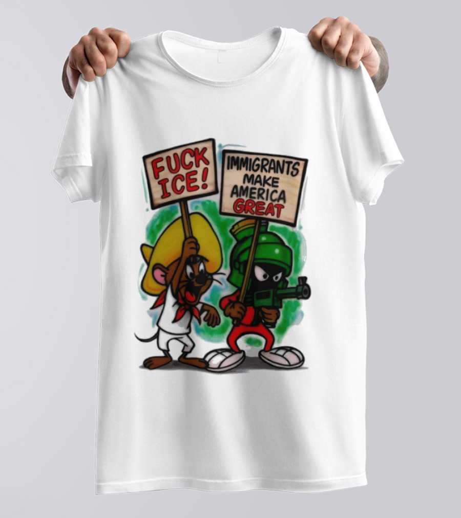 Fuck Ice Immigrants Make America Great Characters With Signs T-Shirt