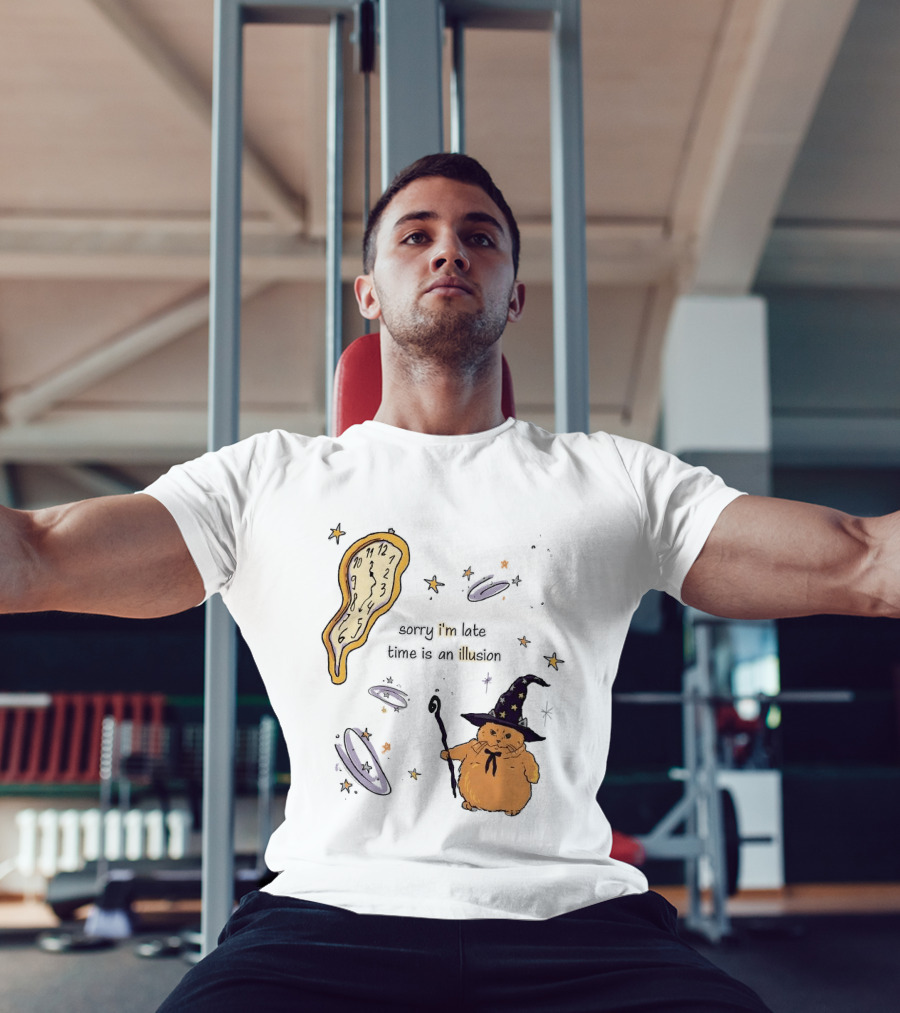 Sorry I'm Late Time Is An Illusion Time Traveling Witch Cat With Melting And Magic Wand T-Shirt