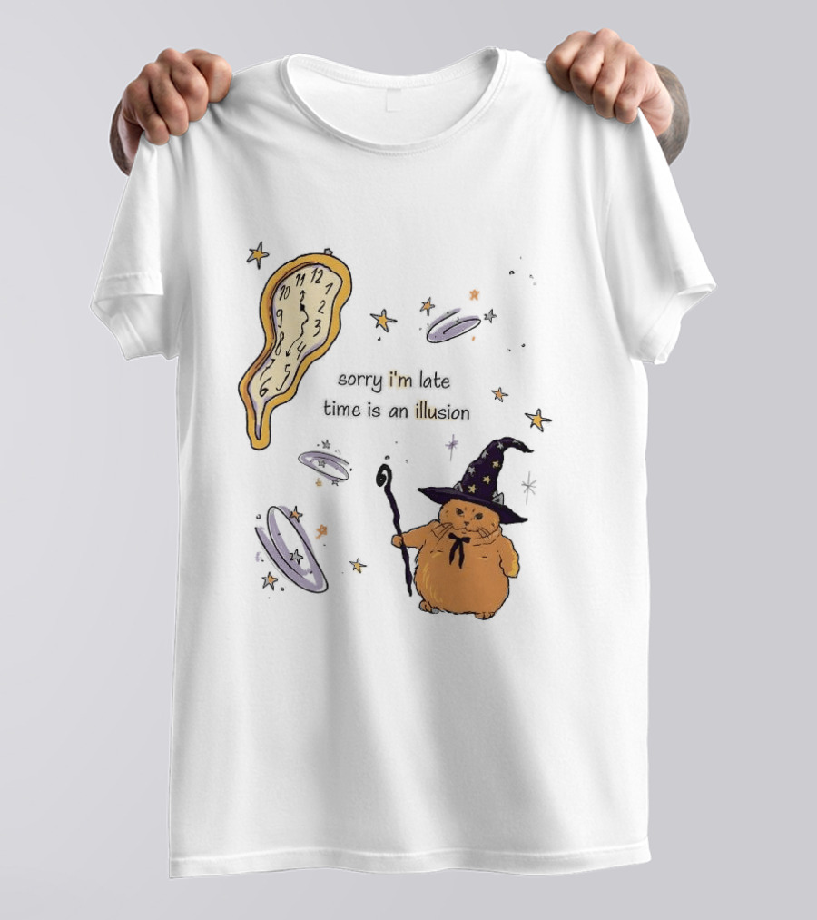 Sorry I'm Late Time Is An Illusion Time Traveling Witch Cat With Melting And Magic Wand T-Shirt