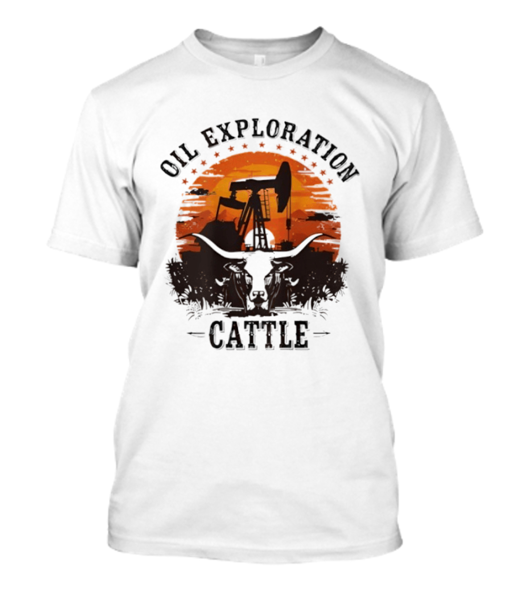Oil Exploration Cattle Retro Vintage Pumpjack Sunset Scene T-Shirt