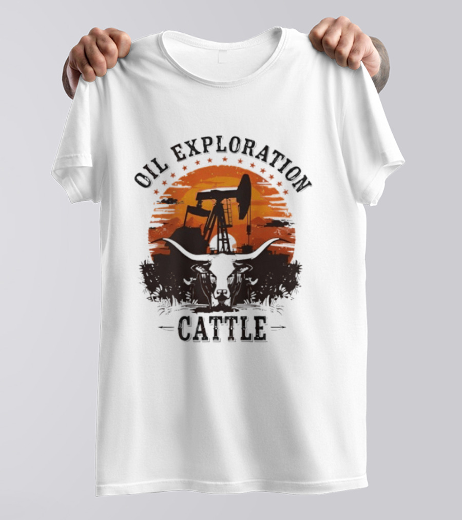 Oil Exploration Cattle Retro Vintage Pumpjack Sunset Scene T-Shirt