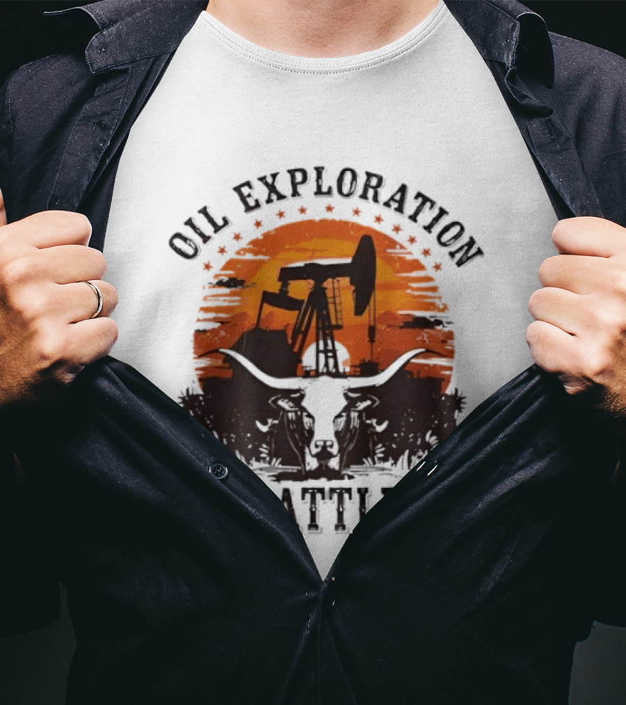 Oil Exploration Cattle Retro Vintage Pumpjack Sunset Scene T-Shirt