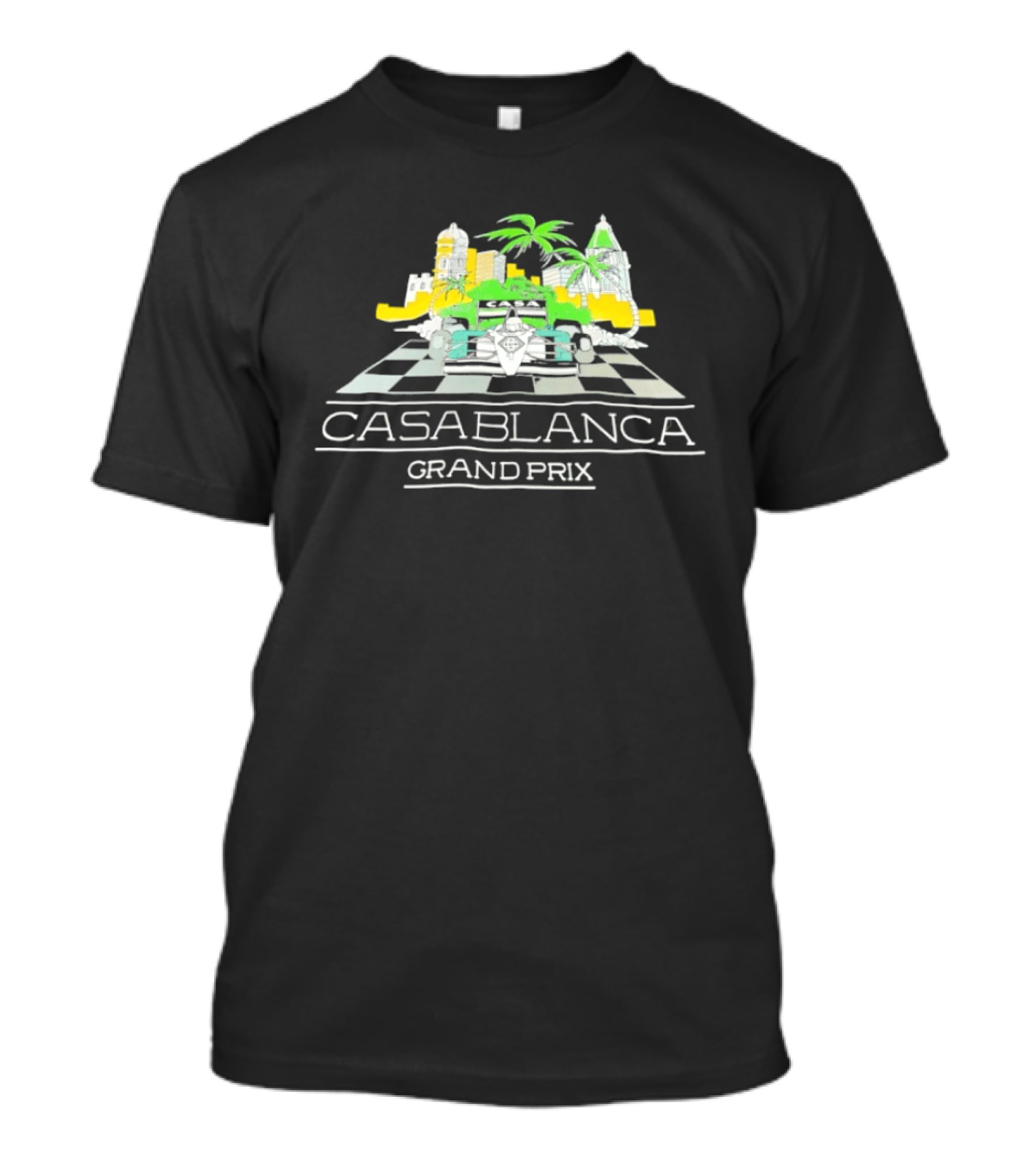 Casablanca Grand Prix Racing Palm Trees Checkered Flag T-Shirt