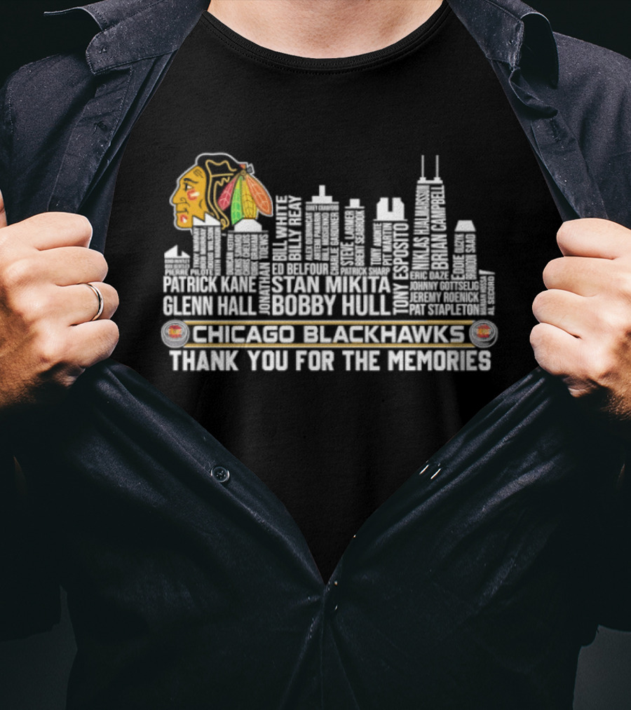 Chicago Blackhawks Skyline With Names And Thank You For The Memories T-Shirt