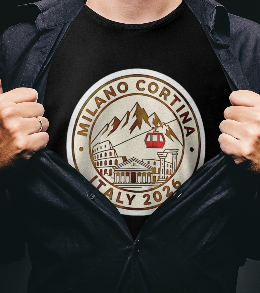 Milano Cortina Italy 2026 Winter Sports Emblem With Italian Landmarks And Mountains T-Shirt