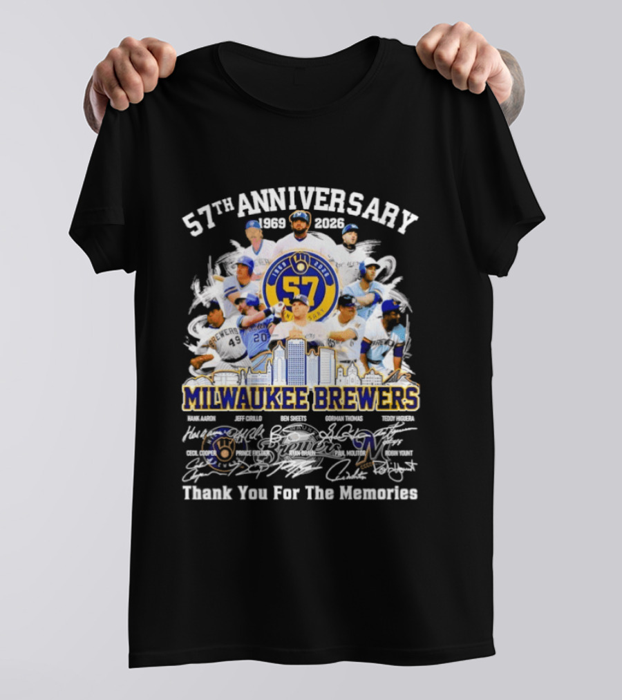 Milwaukee Brewers 57th Anniversary 1969 2026 Players City Skyline Thank You For The Memories T-Shirt