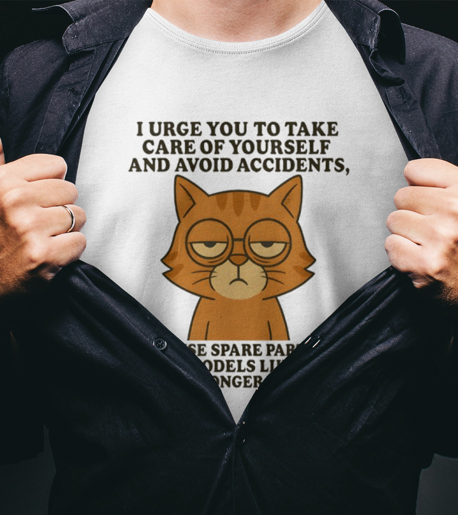 Sad Orange Cat I Urge You To Take Care Of Yourself And Avoid Accidents Spare Parts For Old Models No Longer In Stock T-Shirt