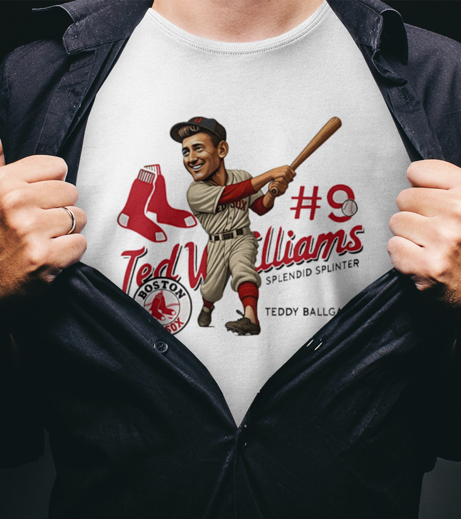 Ted Williams Boston Red Sox Splendid Splinter #9 Teddy Ballgame Caricature T-Shirt
