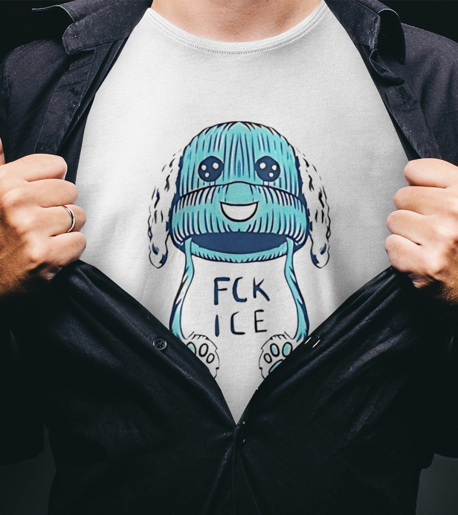 FCK ICE Blue Winter Hat Cartoon With Paw Prints T-Shirt