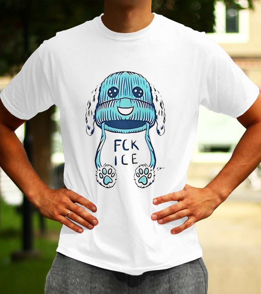 FCK ICE Blue Winter Hat Cartoon With Paw Prints T-Shirt