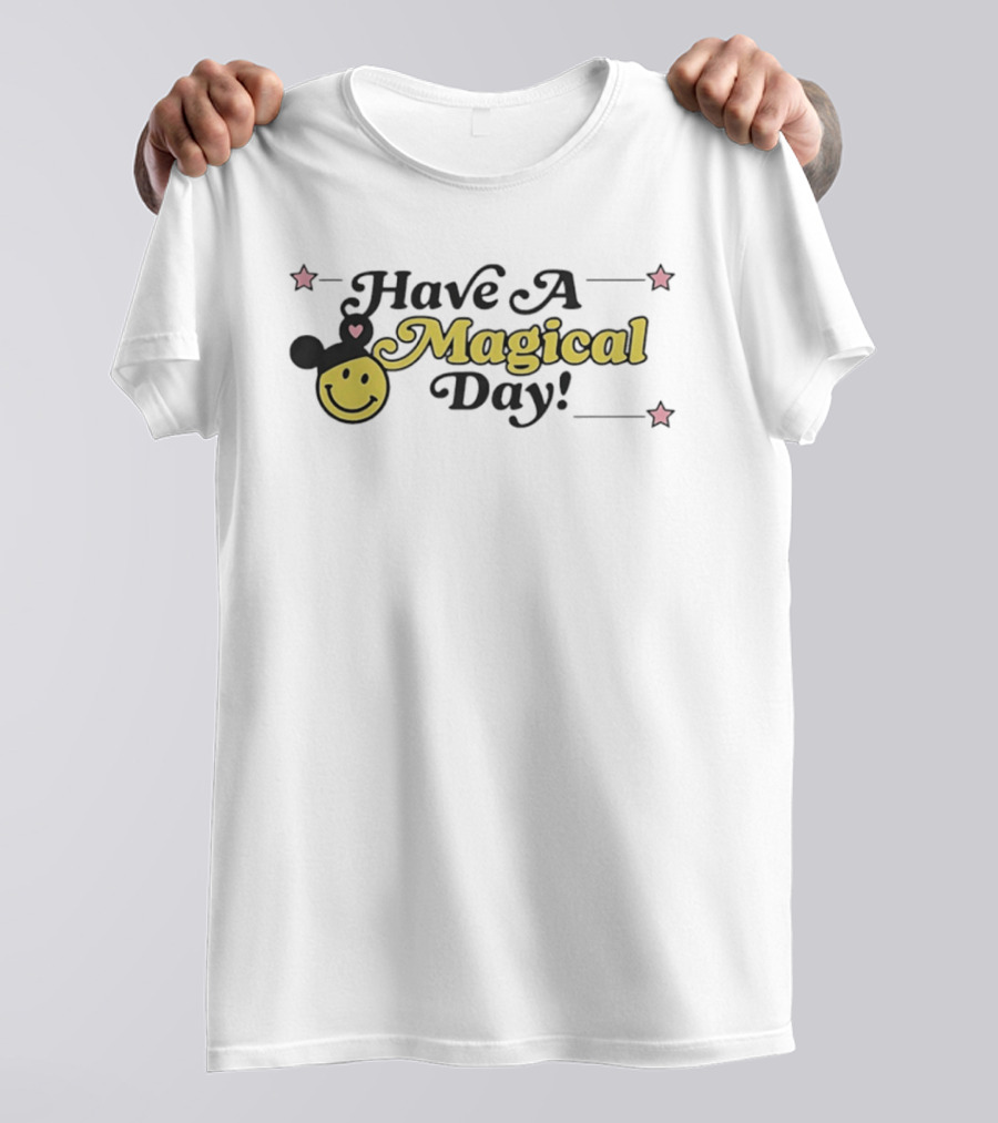 Have A Magical Day Smiley Face With Mouse Ears And Pink Stars T-Shirt