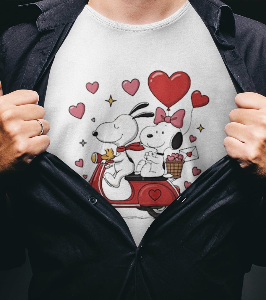 Valentines Day Snoopy Couple Riding Scooter With Hearts And Balloons T-Shirt