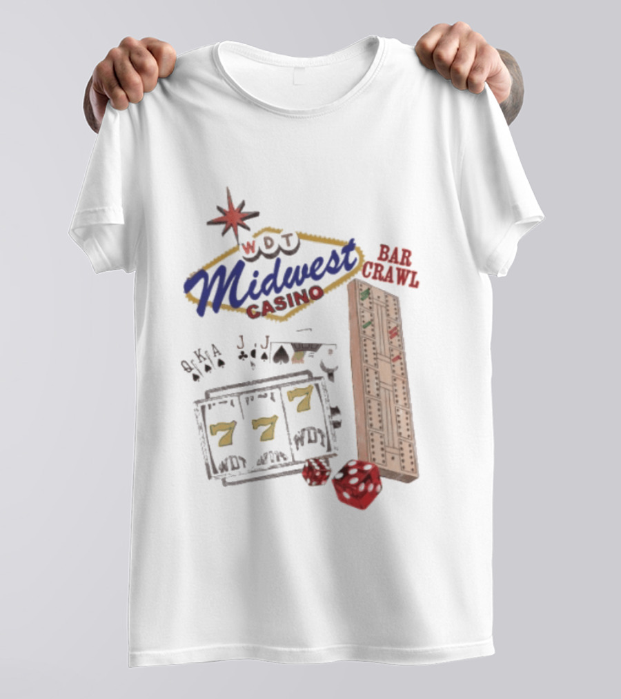 Wisconsin Midwest Casino Bar Crawl Slot Machine Dice Playing Cards Cribbage Board T-Shirt