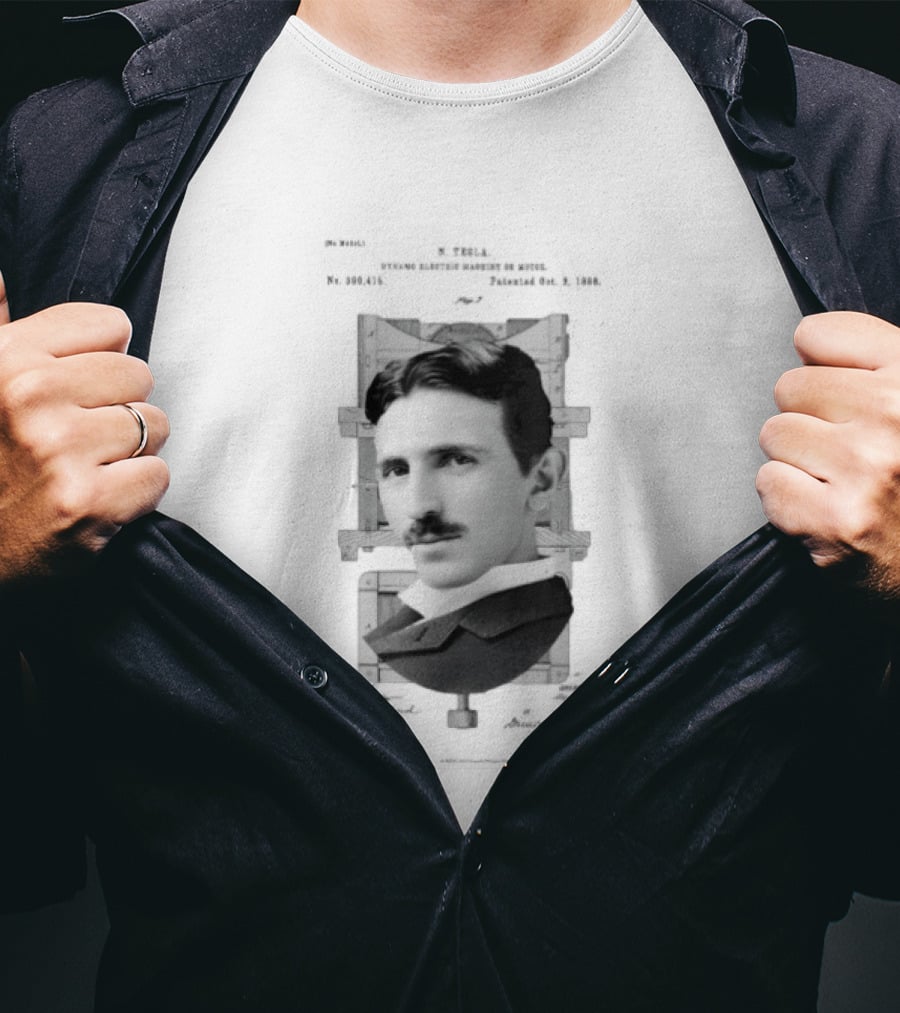 Nikola Tesla Portrait Over Electrical Apparatus Patent Design Image T-Shirt