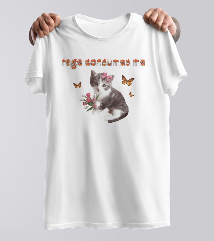 Rage Consumes Me Cat Cute Kitten With Bow Flowers Butterflies T-Shirt