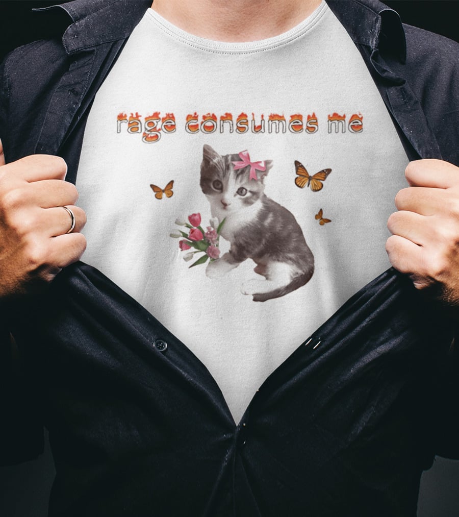 Rage Consumes Me Cat Cute Kitten With Bow Flowers Butterflies T-Shirt