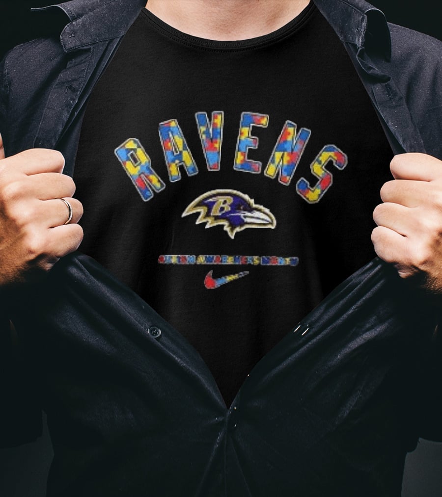 Baltimore Ravens Autism Awareness Month Puzzle Pattern Ravens Bird Nike T-Shirt