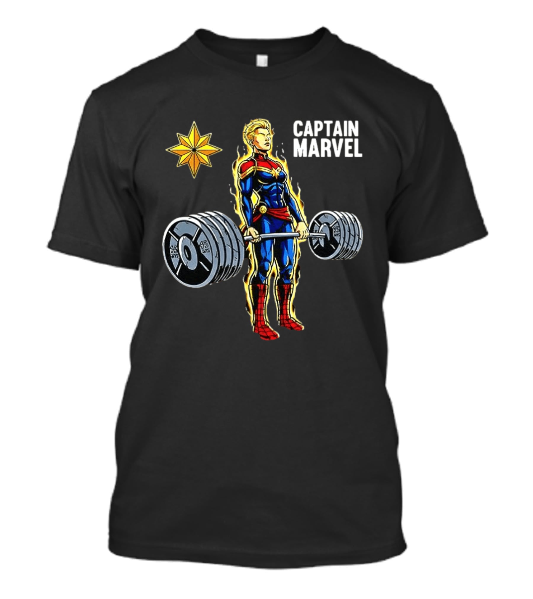 Captain Marvel Lifting Weights Gym Workout Star T-Shirt