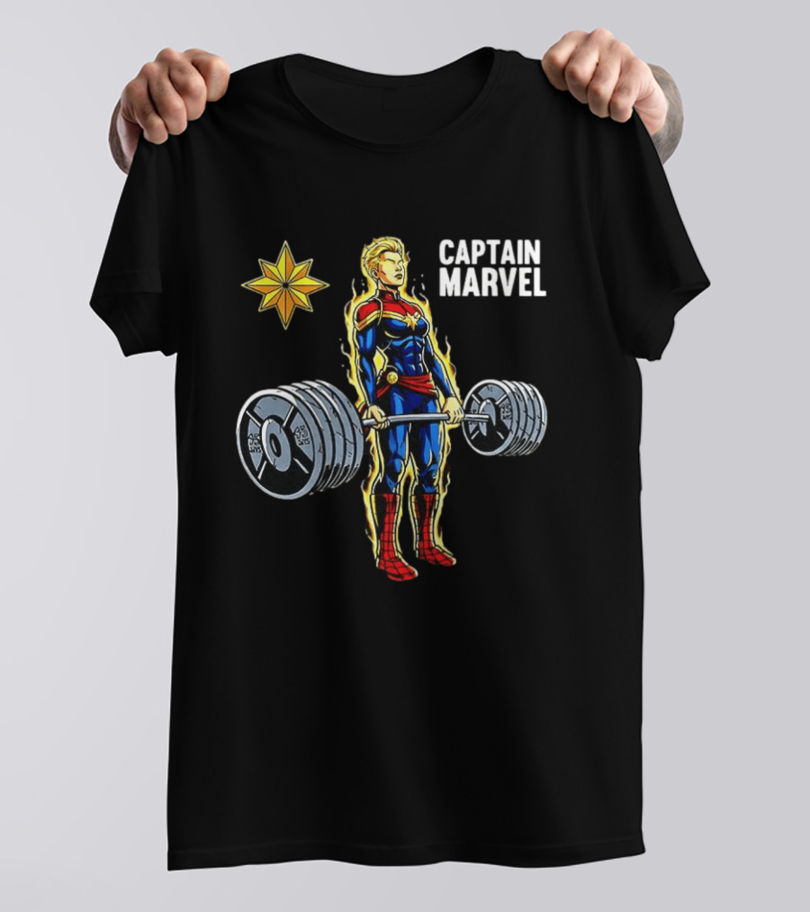 Captain Marvel Lifting Weights Gym Workout Star T-Shirt