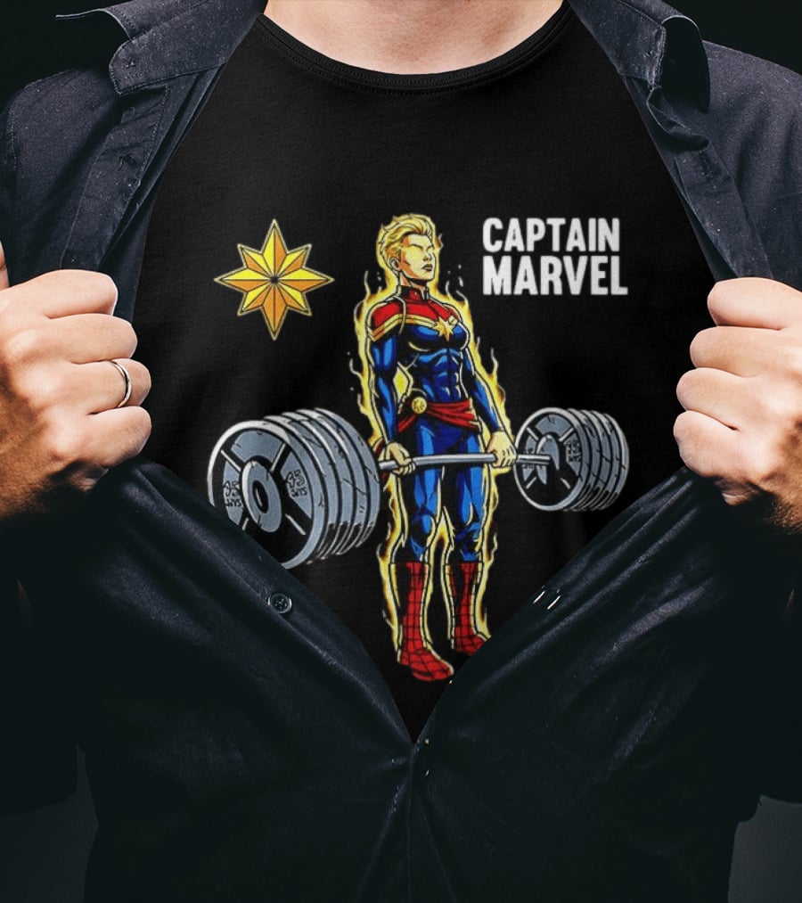 Captain Marvel Lifting Weights Gym Workout Star T-Shirt