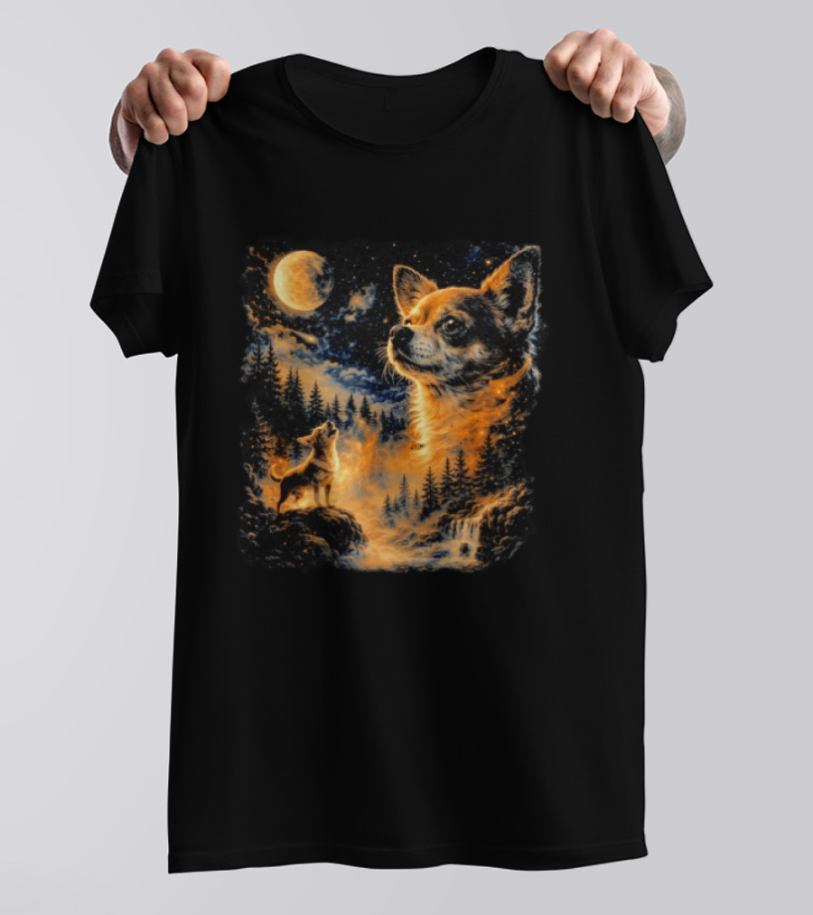 Chihuahua Howling 90s Nostalgia Moonlit Wilderness Scene T-Shirt