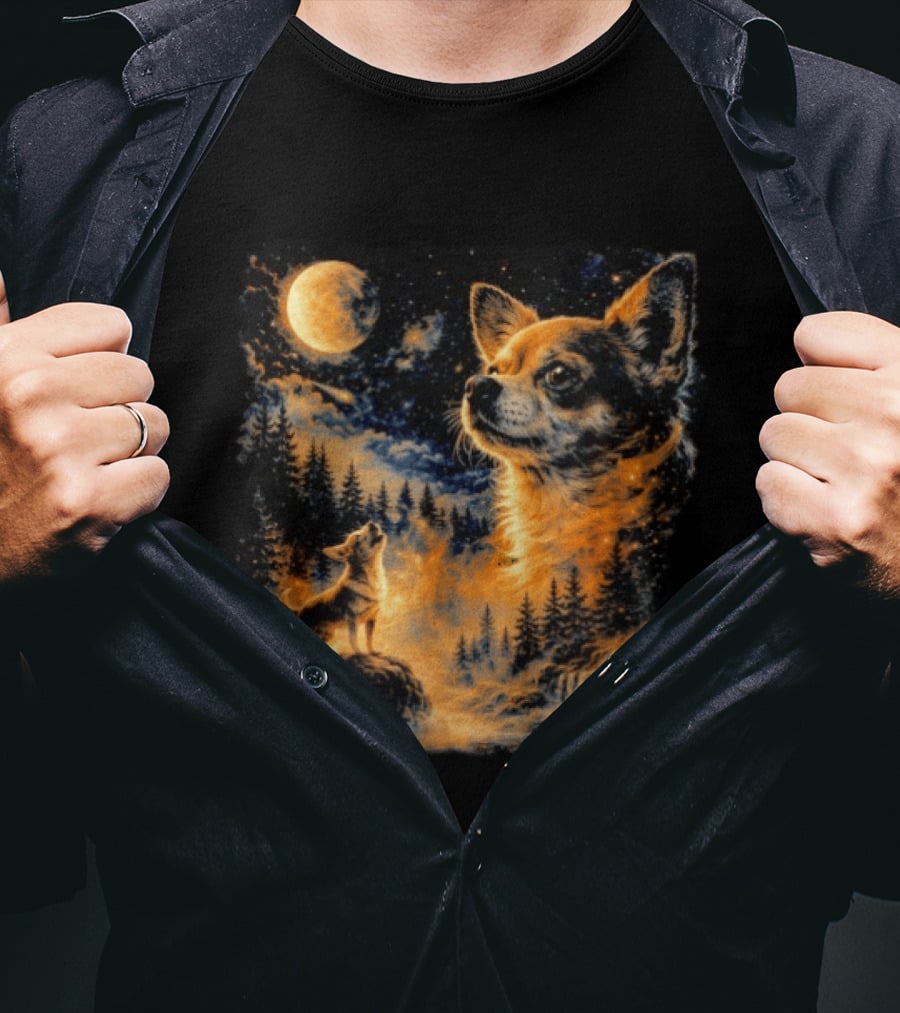 Chihuahua Howling 90s Nostalgia Moonlit Wilderness Scene T-Shirt