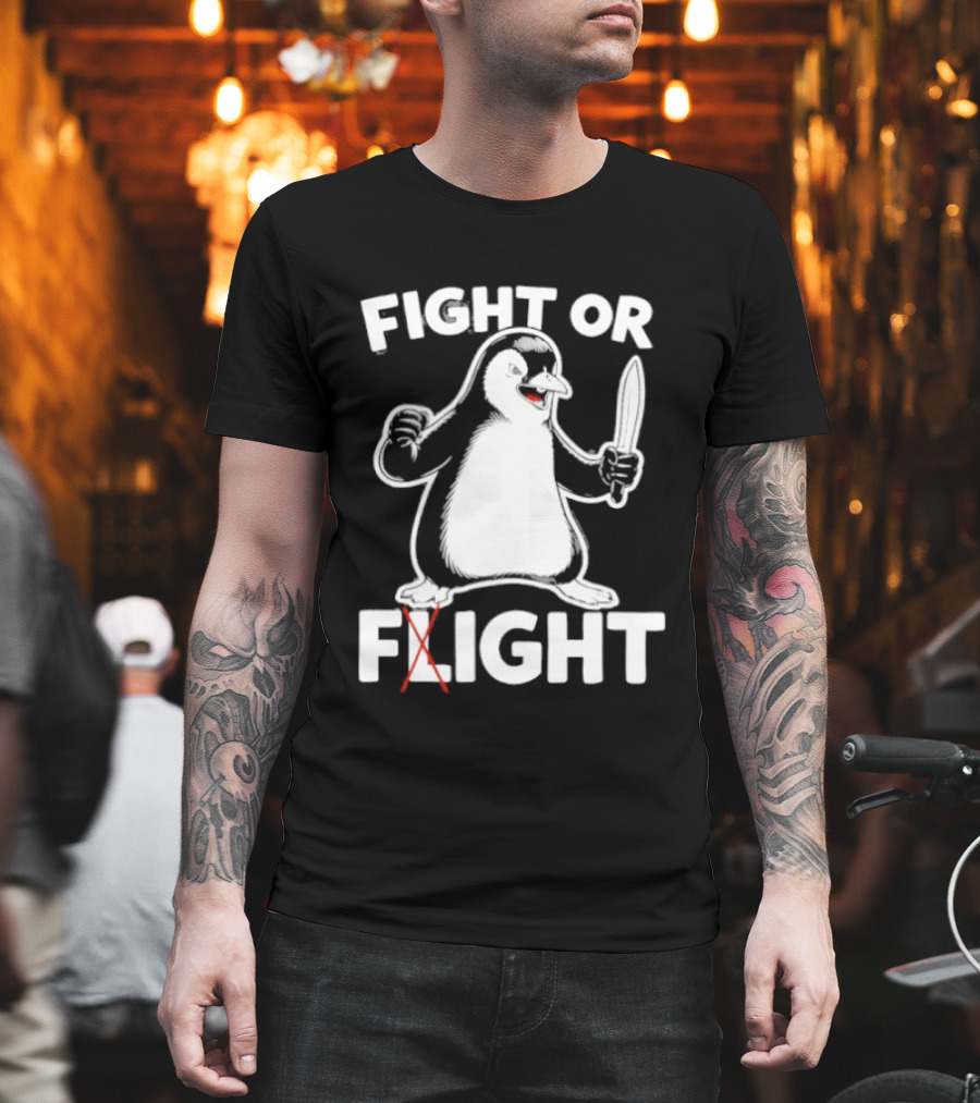 Penguin Holding Knife Fight Or Flight Meme T-Shirt