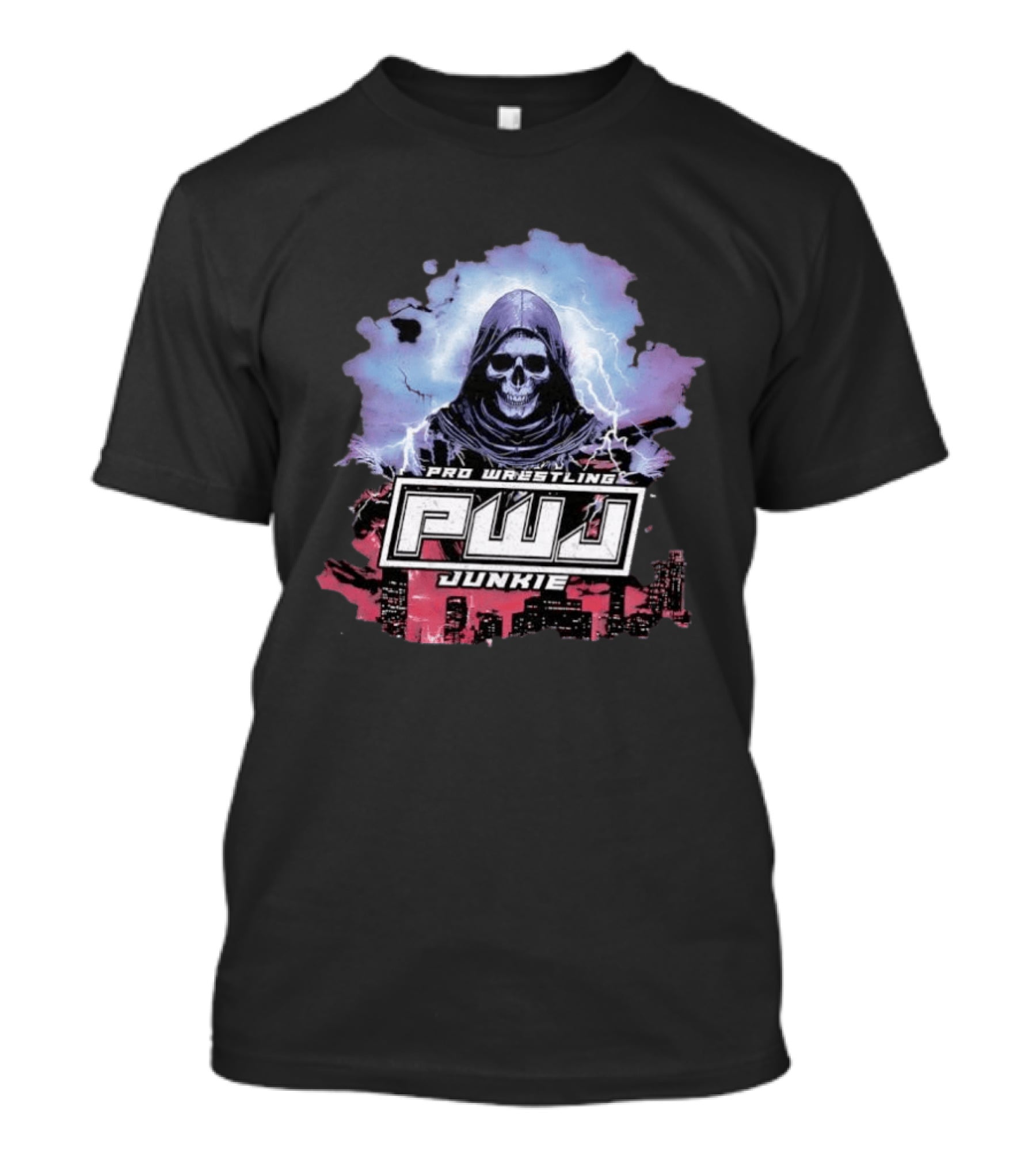 Pro Wrestling PWJ Junkie Skeleton Lightning Cityscape T-Shirt