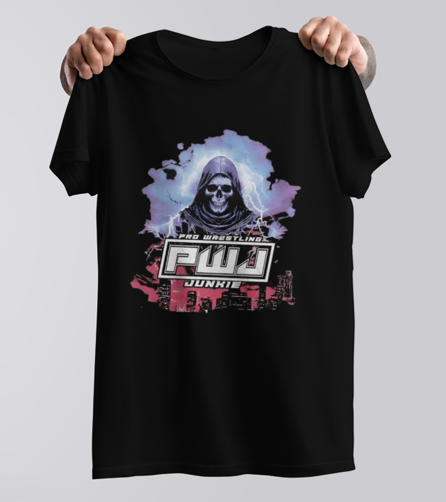 Pro Wrestling PWJ Junkie Skeleton Lightning Cityscape T-Shirt