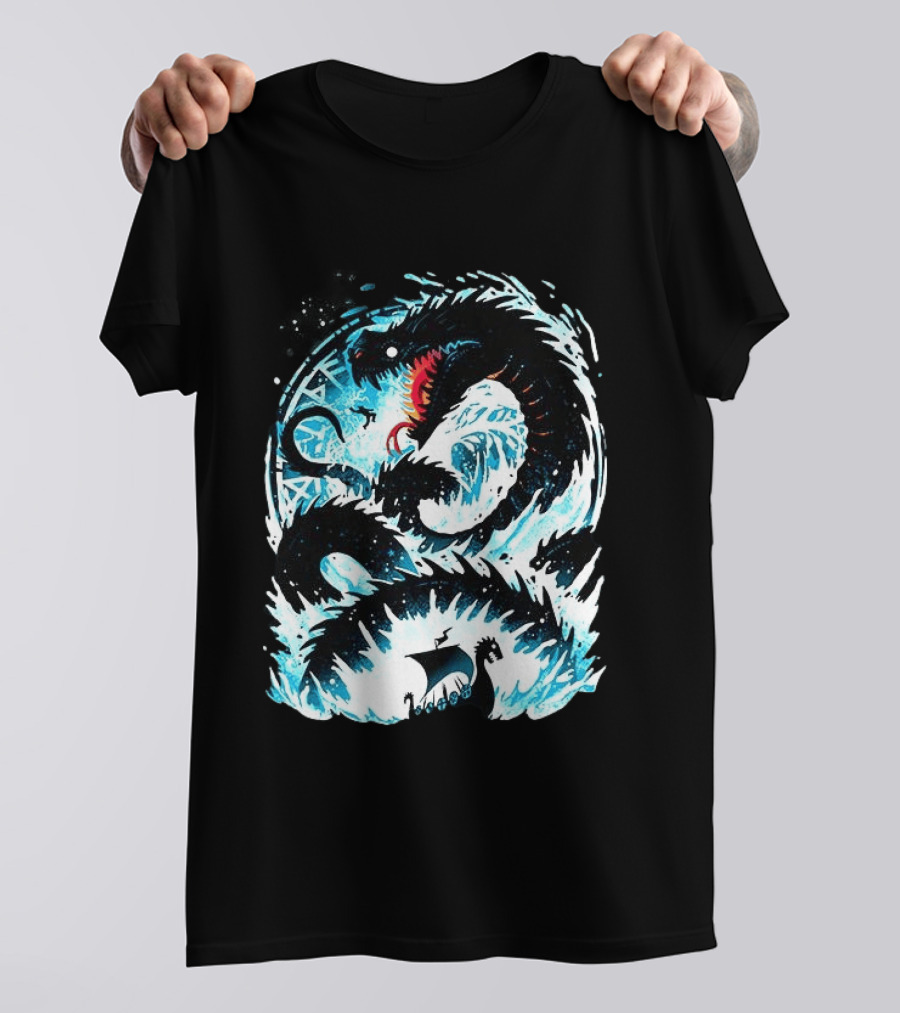 Jörmungandr World Serpent Norse Mythology Viking Ship Ocean Waves T-Shirt