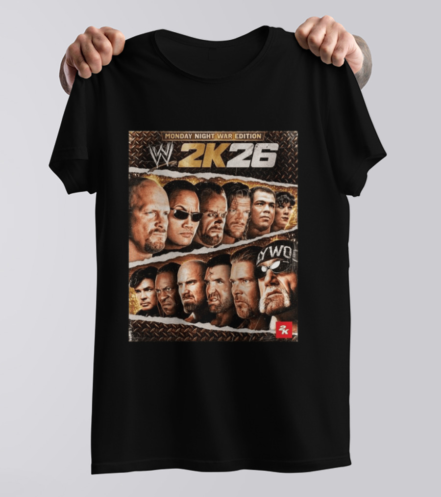 WWE 2K26 Monday Night War Edition Stone Cold Steve Austin Hollywood Hogan The Rock Shawn Michaels Triple H Cover T-Shirt