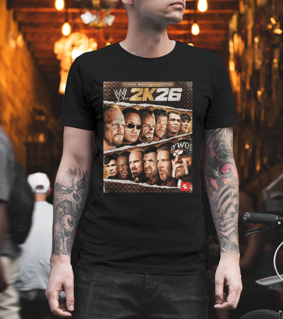 WWE 2K26 Monday Night War Edition Stone Cold Steve Austin Hollywood Hogan The Rock Shawn Michaels Triple H Cover T-Shirt