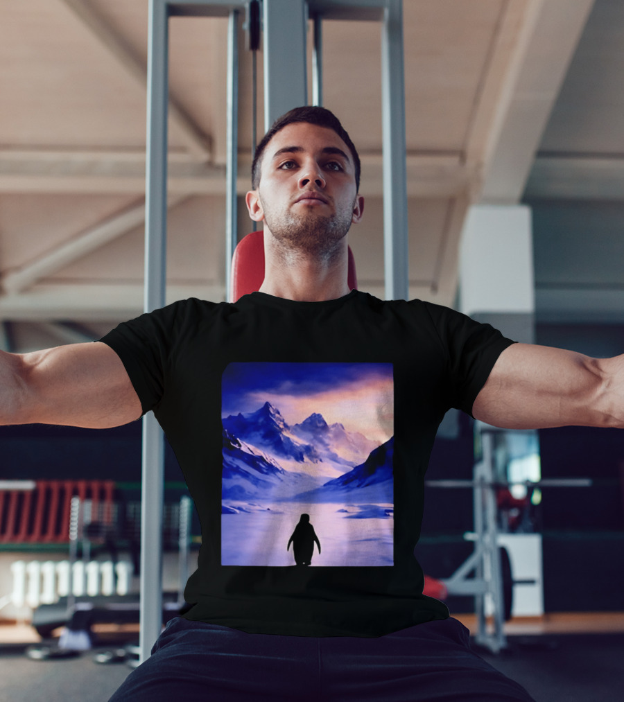 Nihilist Penguin Silhouette In Mountainous Ice Landscape T-Shirt