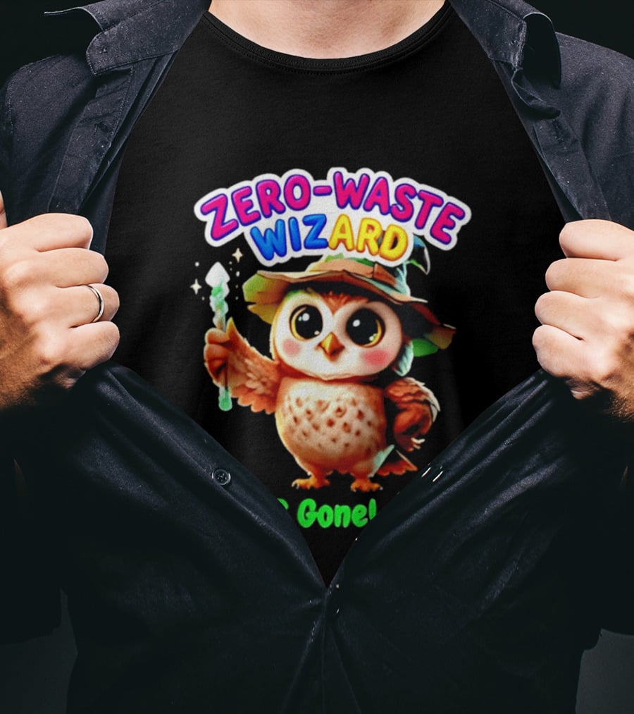 Zero Waste Wizard Owl With Magic Wand Trash Gone Recycling T-Shirt