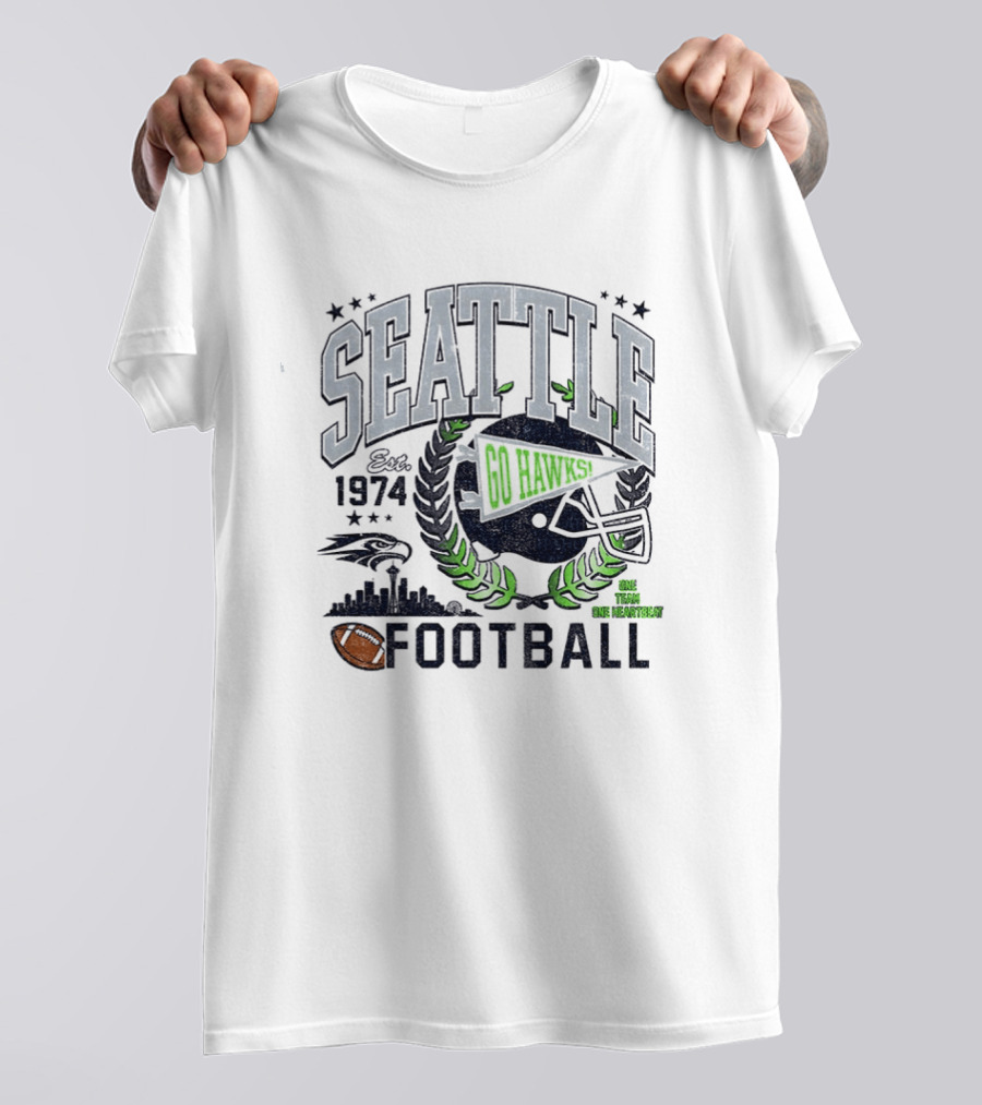 Seattle Football Go Hawks Est 1974 One Team One Heartbeat Helmet Wreath Stars T-Shirt