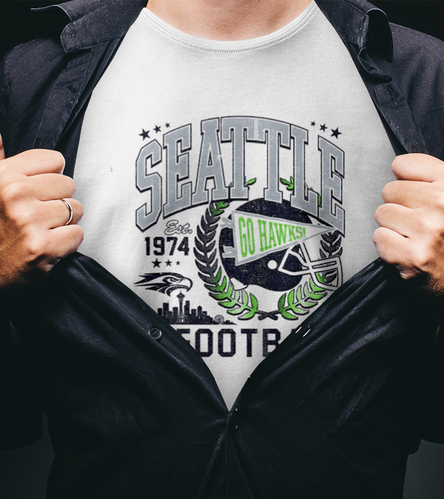 Seattle Football Go Hawks Est 1974 One Team One Heartbeat Helmet Wreath Stars T-Shirt