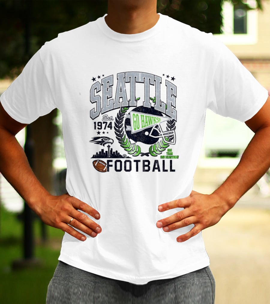 Seattle Football Go Hawks Est 1974 One Team One Heartbeat Helmet Wreath Stars T-Shirt