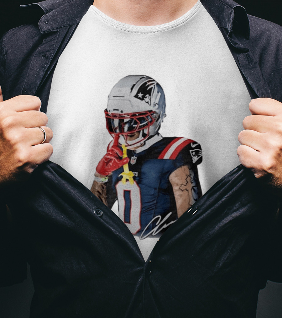 Christian Gonzalez Patriots Number Zero Shh Gesture Helmet Tattoo Football T-Shirt