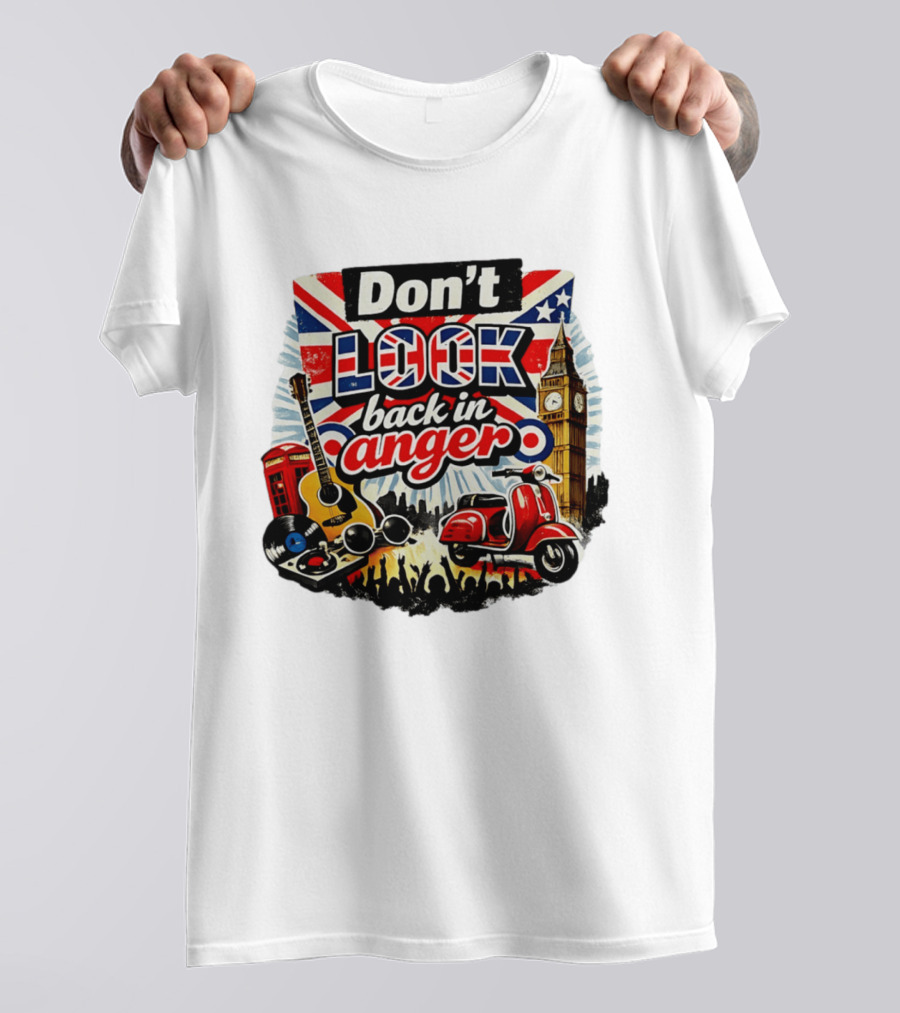 Don't Look Back In Anger UK Flag Vespa Guitar Big Ben Music T-Shirt
