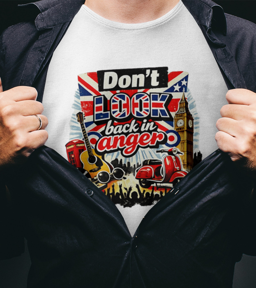 Don't Look Back In Anger UK Flag Vespa Guitar Big Ben Music T-Shirt