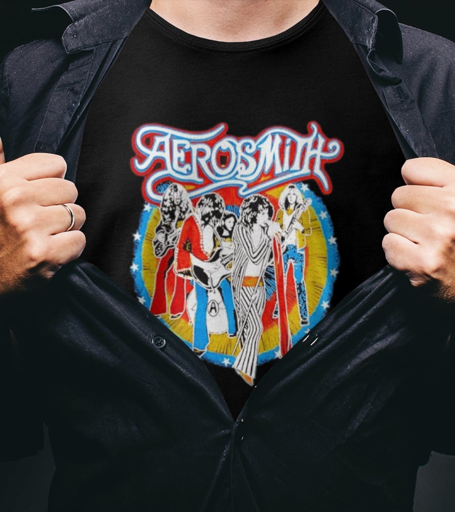 Aerosmith Vintage Band Members Illustration With Stars And Sunburst T-Shirt