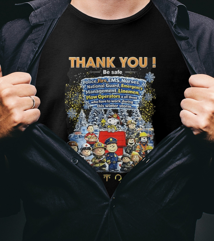 Thank You Police Fire EMS Nurses National Guard Emergency Management Linemen Plow Operators Winter Storm Peanut Cartoon T-Shirt
