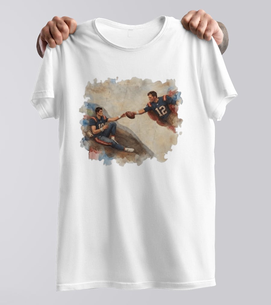 New England Football Brady Number 12 And Maye Number 10 Handing Football Painting T-Shirt