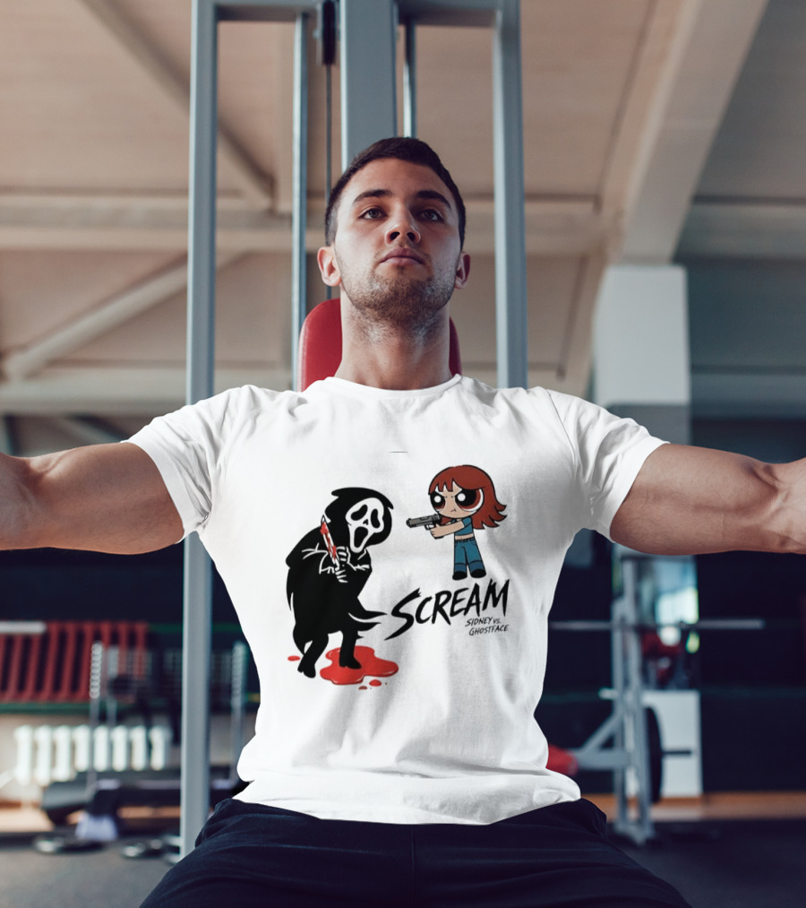 Scream Sidney Vs. Ghostface Cartoon Style Showdown With Knife And Splatter T-Shirt