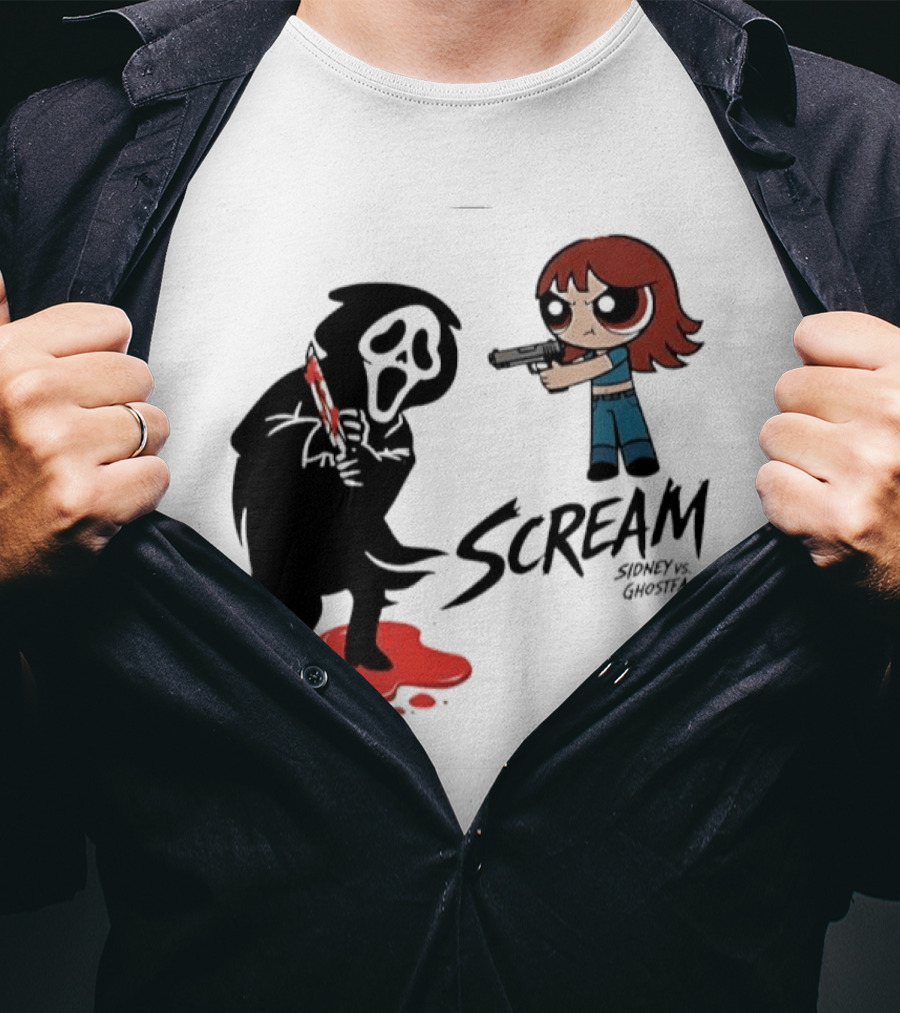 Scream Sidney Vs. Ghostface Cartoon Style Showdown With Knife And Splatter T-Shirt