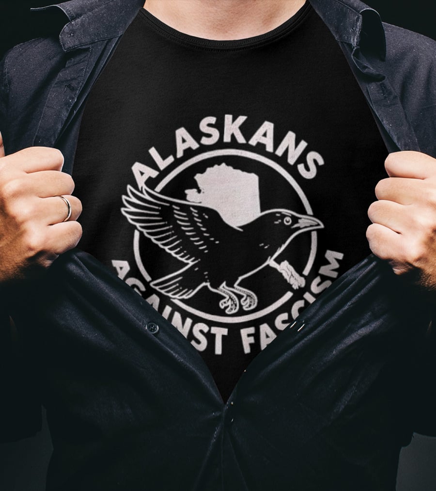 Alaskans Against Fascism Raven Activism Symbol With Alaska Map T-Shirt